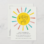 Rainbow Sun Script Kids Birthday Party Invitation Postcard<br><div class="desc">A colorful fun kids birthday party invitation with rainbow sun and modern script. Click the edit button to customize this design with your details.</div>