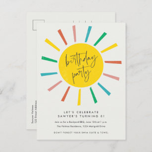 Rainbow Sun Script Kids Birthday Party Invitation Postcard