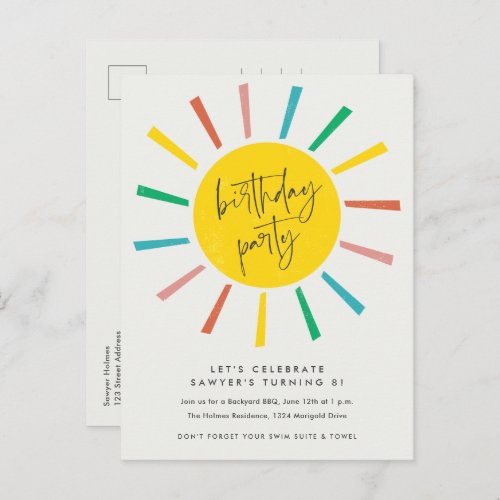 Rainbow Sun Script Kids Birthday Party Invitation Postcard