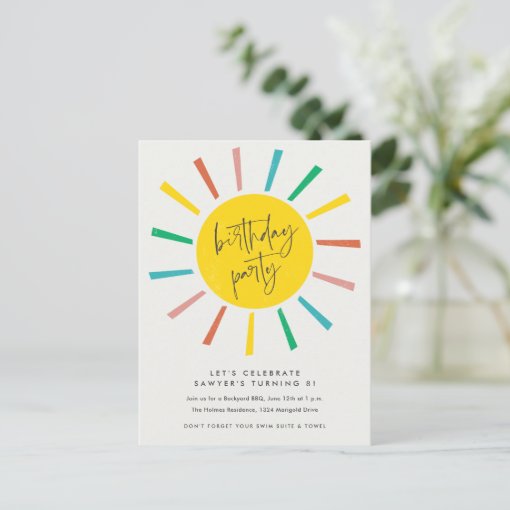 Rainbow Sun Script Kids Birthday Party Invitation Postcard | Zazzle