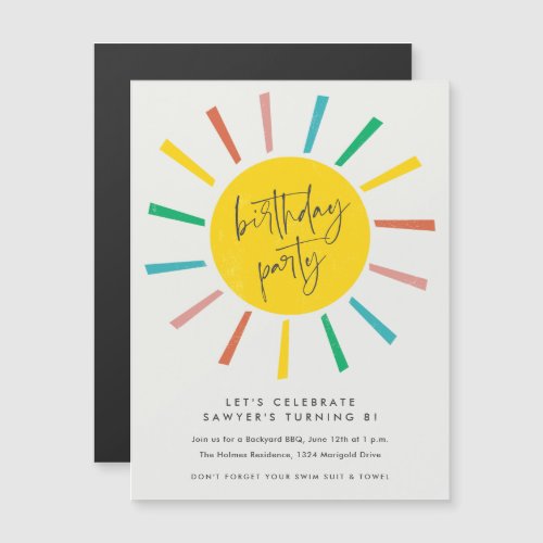 Rainbow Sun Script Kids Birthday Party Magnetic Invitation