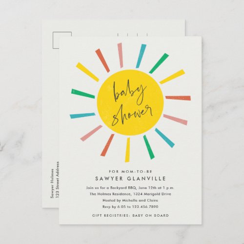 Rainbow Sun Script Modern Baby Shower Invitation Postcard