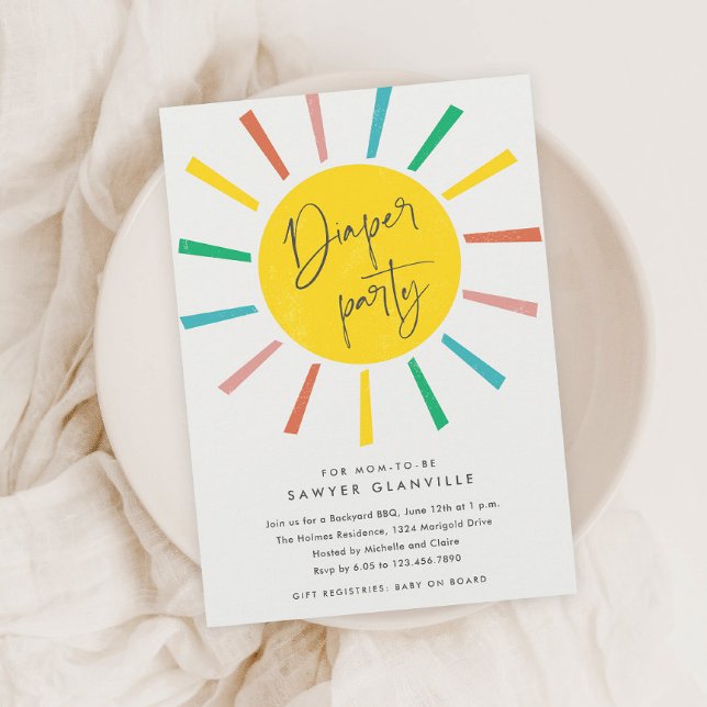 Rainbow Sun Script Modern Diaper Party Baby Shower Invitation (Creator Uploaded)