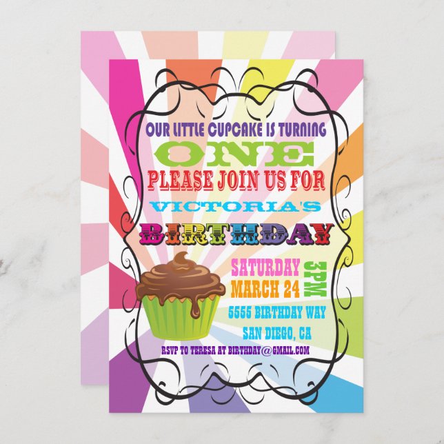 Rainbow Sunburst Cupcake Birthday Party Invitation (Front/Back)