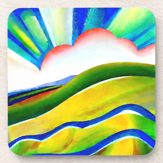 Rainbow Sunburst Landscape Beverage Coaster (Front)
