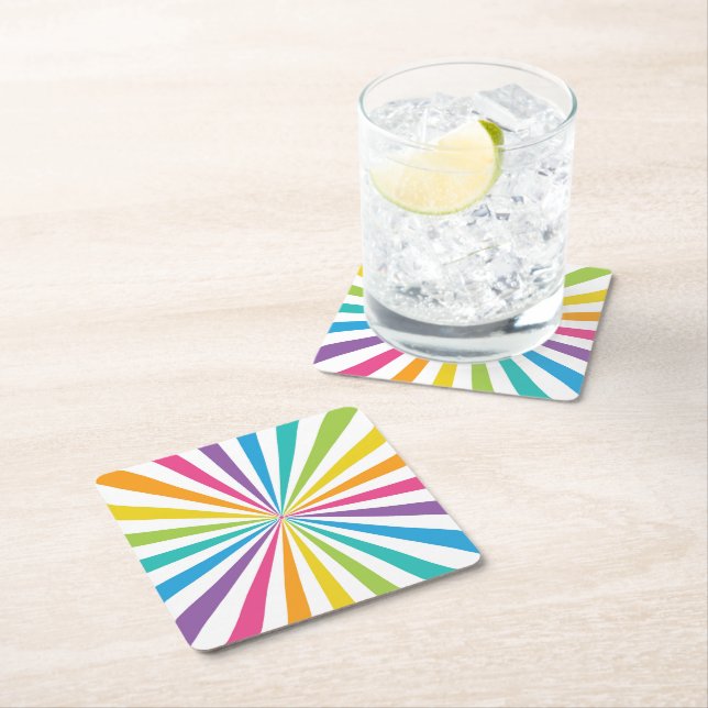 Rainbow Sunburst Square Paper Coaster (Insitu)