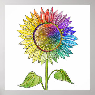  Rainbow Sunflower Art Colorful Summer Cute Floral Poster