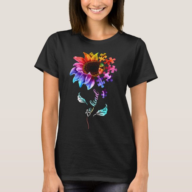 Rainbow Sunflower Be Kind Women Girls Autism Aware T-Shirt (Front)