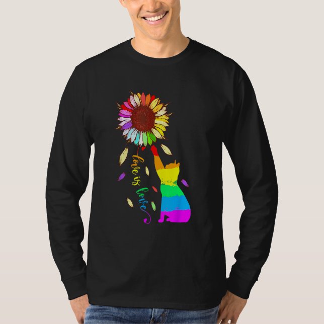 Rainbow Sunflower Cat Love Is Love LGBT Gay Lesbia T-Shirt (Front)