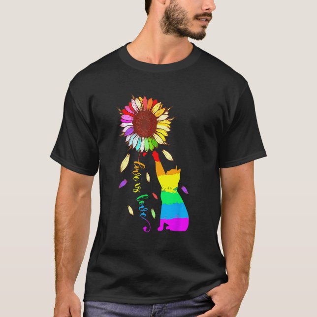 Rainbow Sunflower Cat Love Is Love LGBT Gay Lesbia T-Shirt (Front)