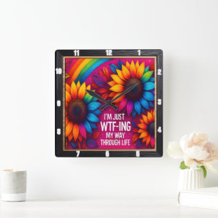 Rainbow Sunflower Wtf Life Square Wall Clock