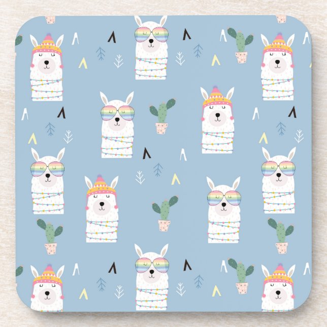 Rainbow Sunglasses Llama Pattern Beverage Coaster (Front)