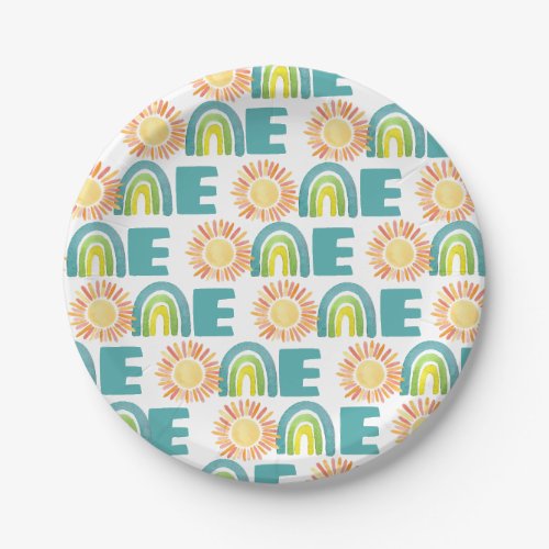 Rainbow  Suns Blue 1st Birthday Watercolor Paper Plates