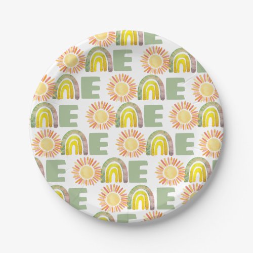 Rainbow  Suns Green 1st Birthday Watercolor Paper Plates