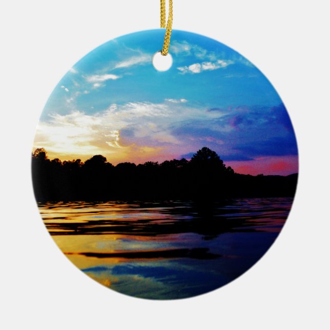 Rainbow sunset on mountain Lake Ceramic Ornament (Front)