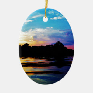 Rainbow sunset on mountain Lake Ceramic Ornament