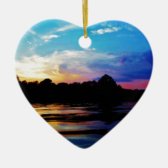 Rainbow sunset on mountain Lake Ceramic Ornament (Front)