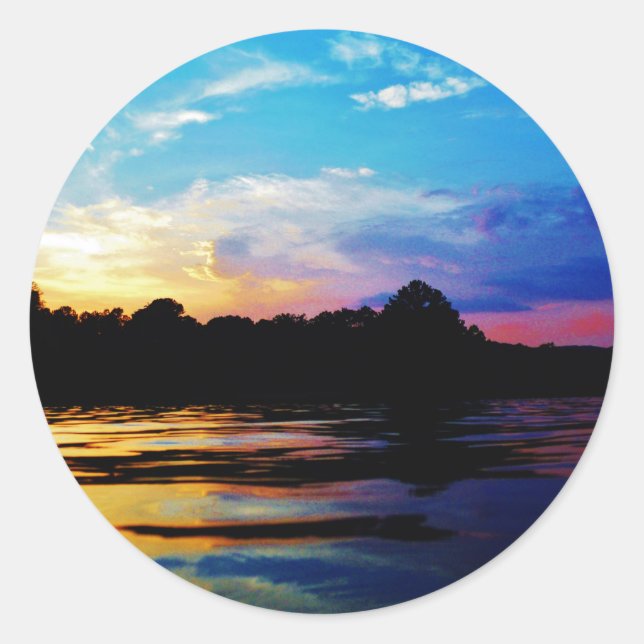 Rainbow sunset on mountain Lake Classic Round Sticker (Front)