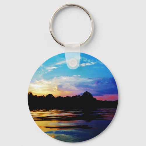 Rainbow sunset on mountain Lake Keychain