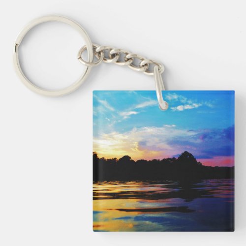 Rainbow sunset on mountain Lake Keychain