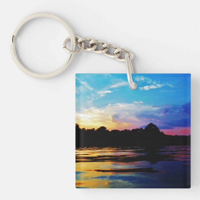Rainbow sunset on mountain Lake Keychain (Front)