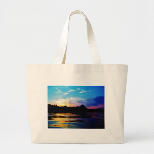 Rainbow sunset on mountain Lake Large Tote Bag