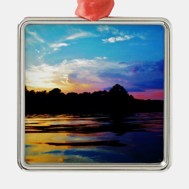 Rainbow sunset on mountain Lake Metal Ornament (Front)