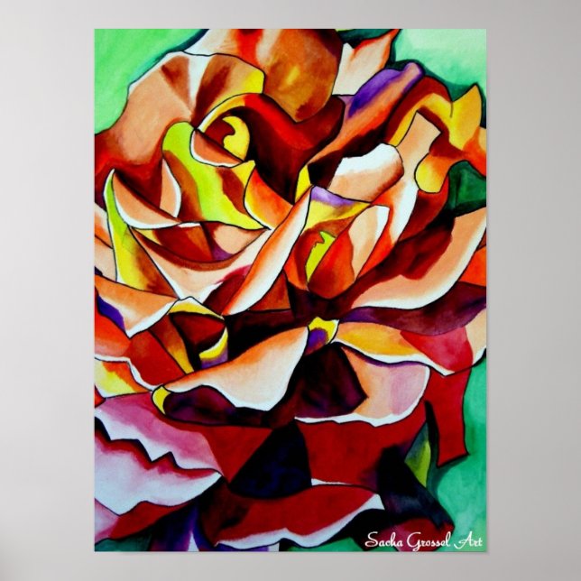 Rainbow Sunset Rose watercolor original art Poster (Front)