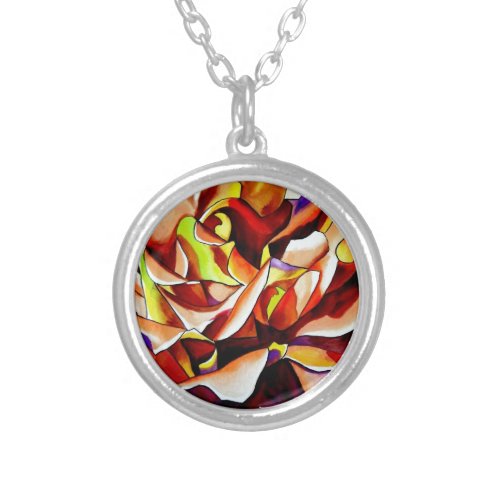 Rainbow Sunset Rose watercolor original art Silver Plated Necklace