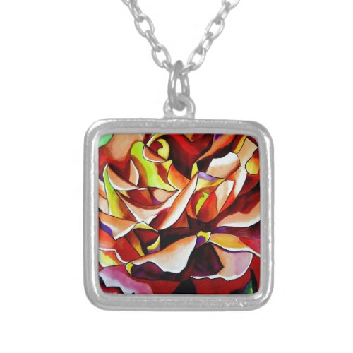 Rainbow Sunset Rose watercolor original art Silver Plated Necklace