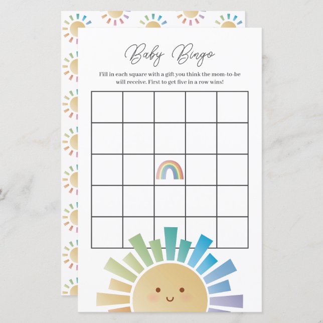 Rainbow Sunshine Baby Shower Bingo Game (Front/Back)