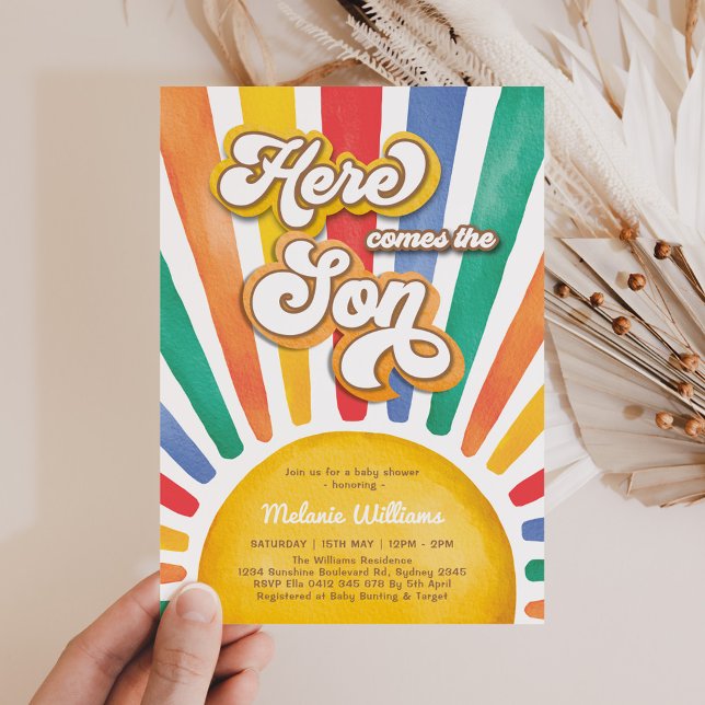 Rainbow Sunshine Baby Shower Here Comes the Son Invitation (Creator Uploaded)