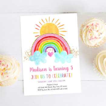 Rainbow Sunshine Pink Gold Birthday Invitation by LittlePrintsParties at Zazzle