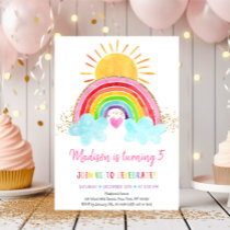 Rainbow Sunshine Pink Gold Birthday Invitation