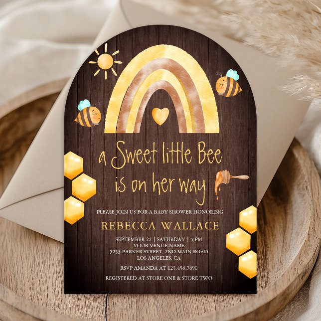 Rainbow Sweet Little Bee Arch Wood Baby Shower Invitation (Creator Uploaded)