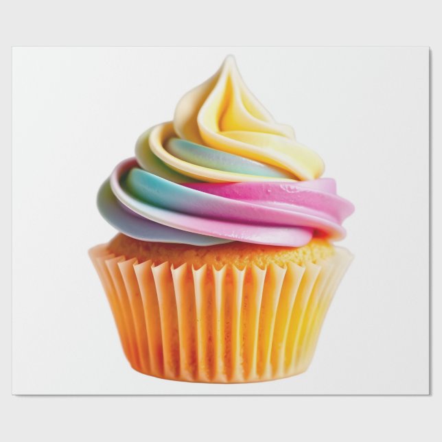 Rainbow Swirl Cupcake with Colorful Wrapper Wrapping Paper (Flat)