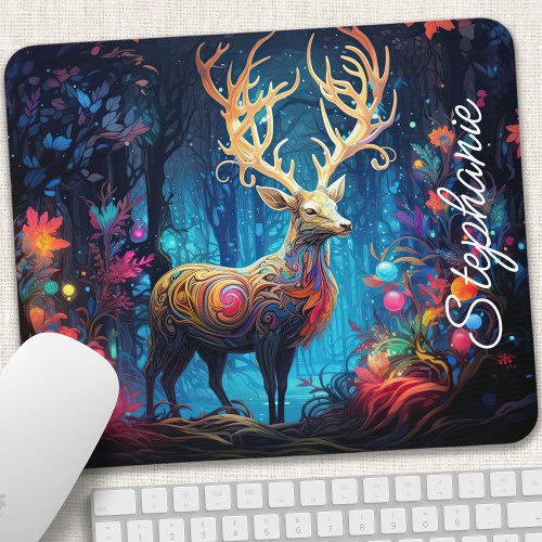 Rainbow Swirl Forest Deer Personalized Mouse Pad