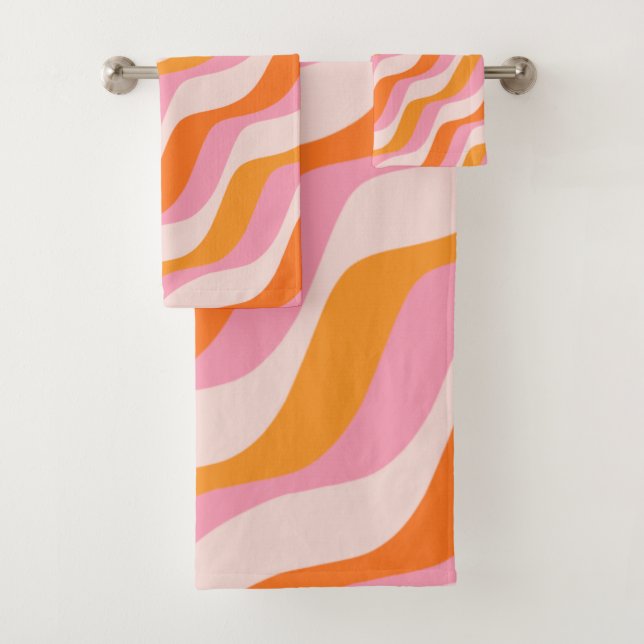Rainbow Swirl Pink Orange Abstract Retro Sunshine Bath Towel Set (Insitu)