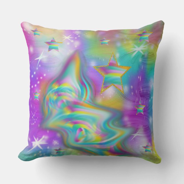 Rainbow Swirl & Stars Throw Pillow (Front)