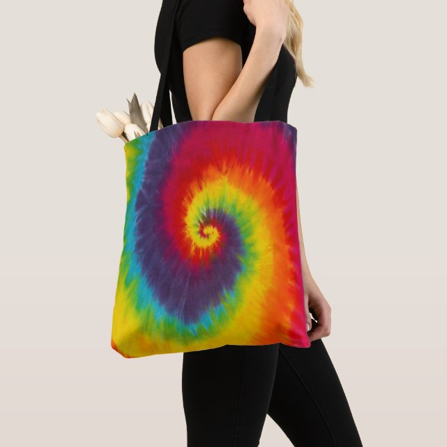 Rainbow Swirl Tie Dye Groovy Cool Colorful Tote Bag (Close Up)