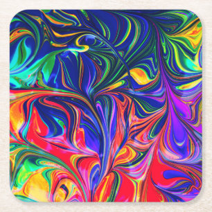 Rainbow Swirl Trippy Glow Stick Square Paper Coaster