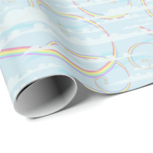 Rainbow Swirls with White Clouds in Blue Sky Wrapping Paper