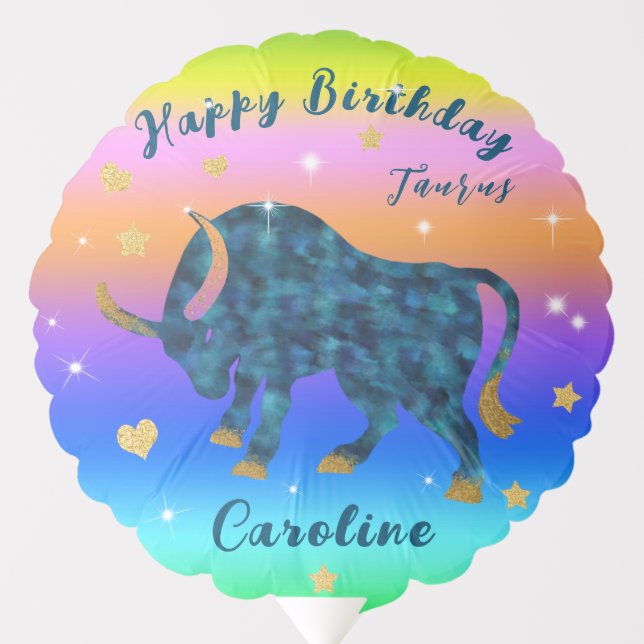 Rainbow Taurus Gold Stars & Hearts Birthday Balloon (Front)