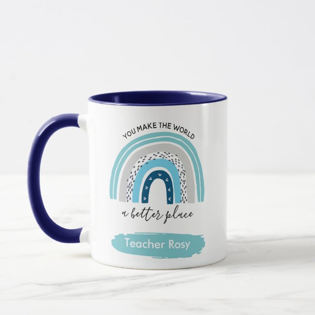 Rainbow Teacher Mugs Boho Blue Personalized (Left)