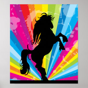 Rainbow Techno Silhouette Rearing Horse Poster