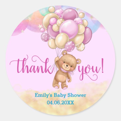 Rainbow Teddy Bear Balloons Thank You Baby Shower Classic Round Sticker