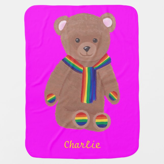 Rainbow Teddy Bear Personalized Baby Blankets (Front)