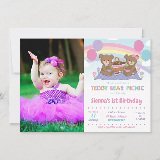Rainbow Teddy Bear Picnic 1st Birthday Girl Photo Invitation (Front)
