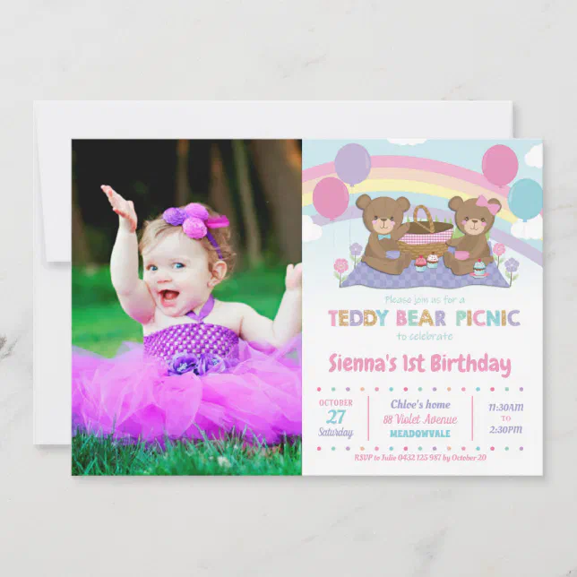 Rainbow Teddy Bear Picnic 1st Birthday Girl Photo Invitation | Zazzle