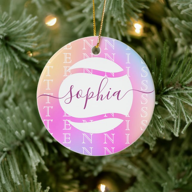 Rainbow Tennis Typography Ball & Girl Players Kids Ceramic Ornament (Tree)